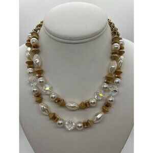 Faux Pearl Necklace Crystals Gold-tone Rope Chain Two Strand Strand Vintage